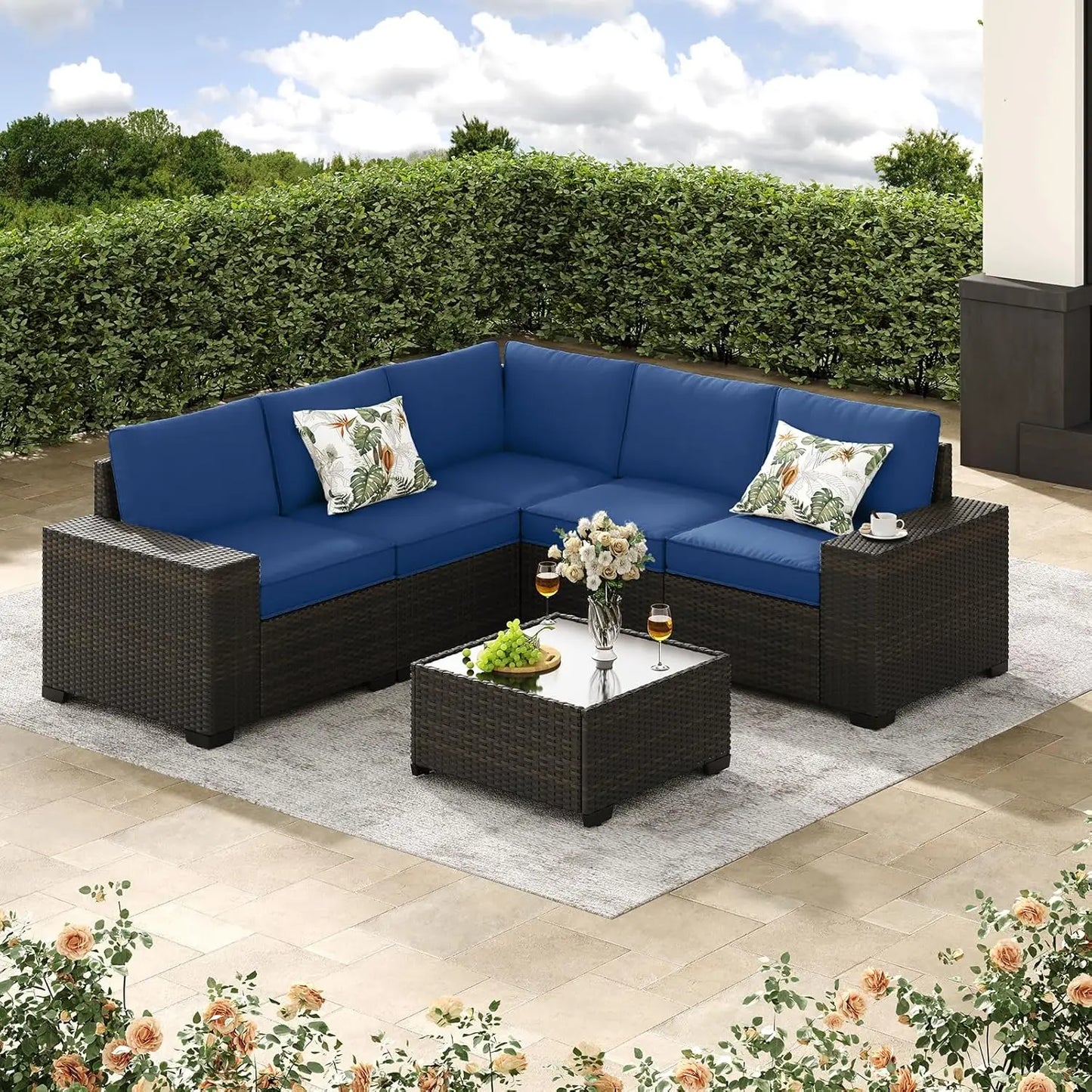 6-Piece Patio Furniture Set, All-Weather Outdoor Wicker Sectional Sofa with Cushions, Glass Table & Left and Right, Customized