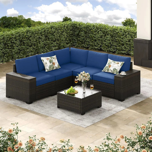 6-Piece Patio Furniture Set, All-Weather Outdoor Wicker Sectional Sofa with Cushions, Glass Table & Left and Right, Customized