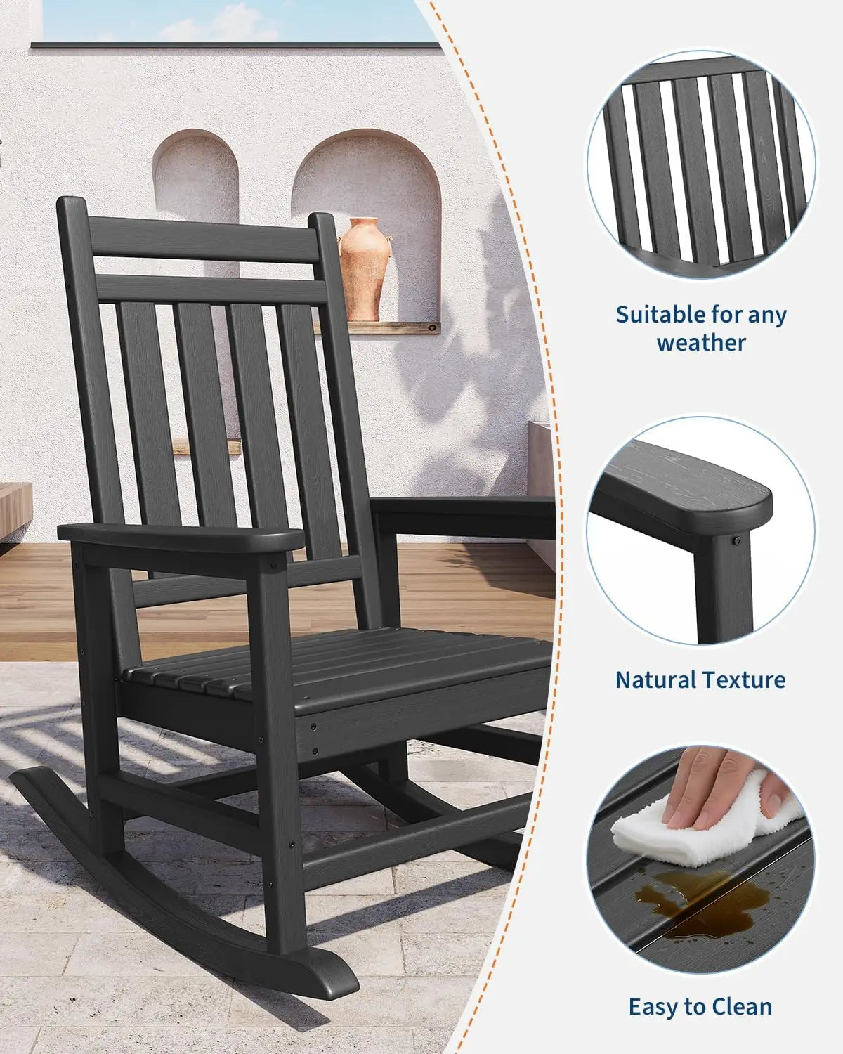 Outdoor Rocking Chair, All-Weather HDPE Patio Rocking Chairs for Adults, 380lbs Weight Capacity, Ergonomic Design, for Porch