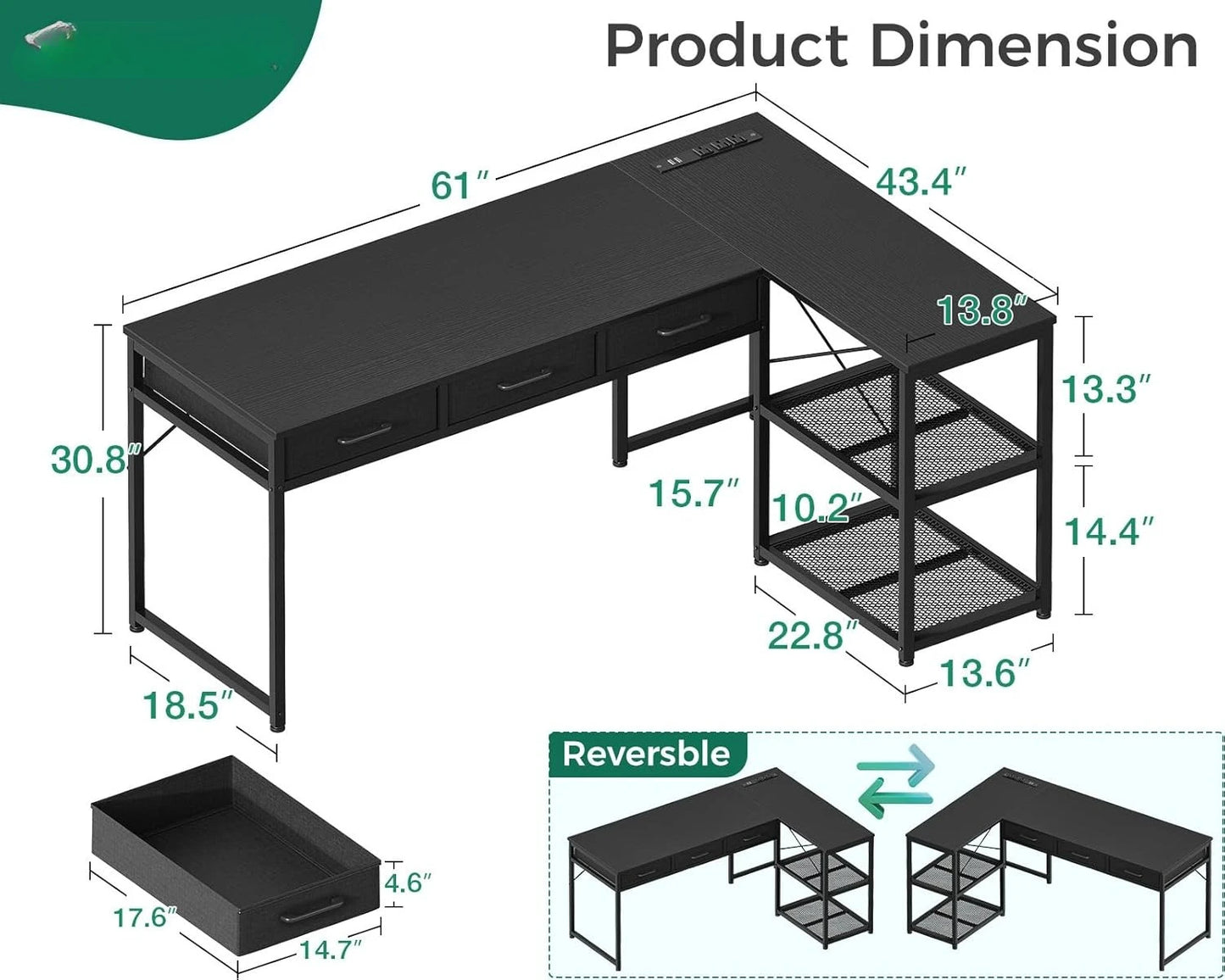 L Shaped Computer Desk With Drawers And Power Outlets