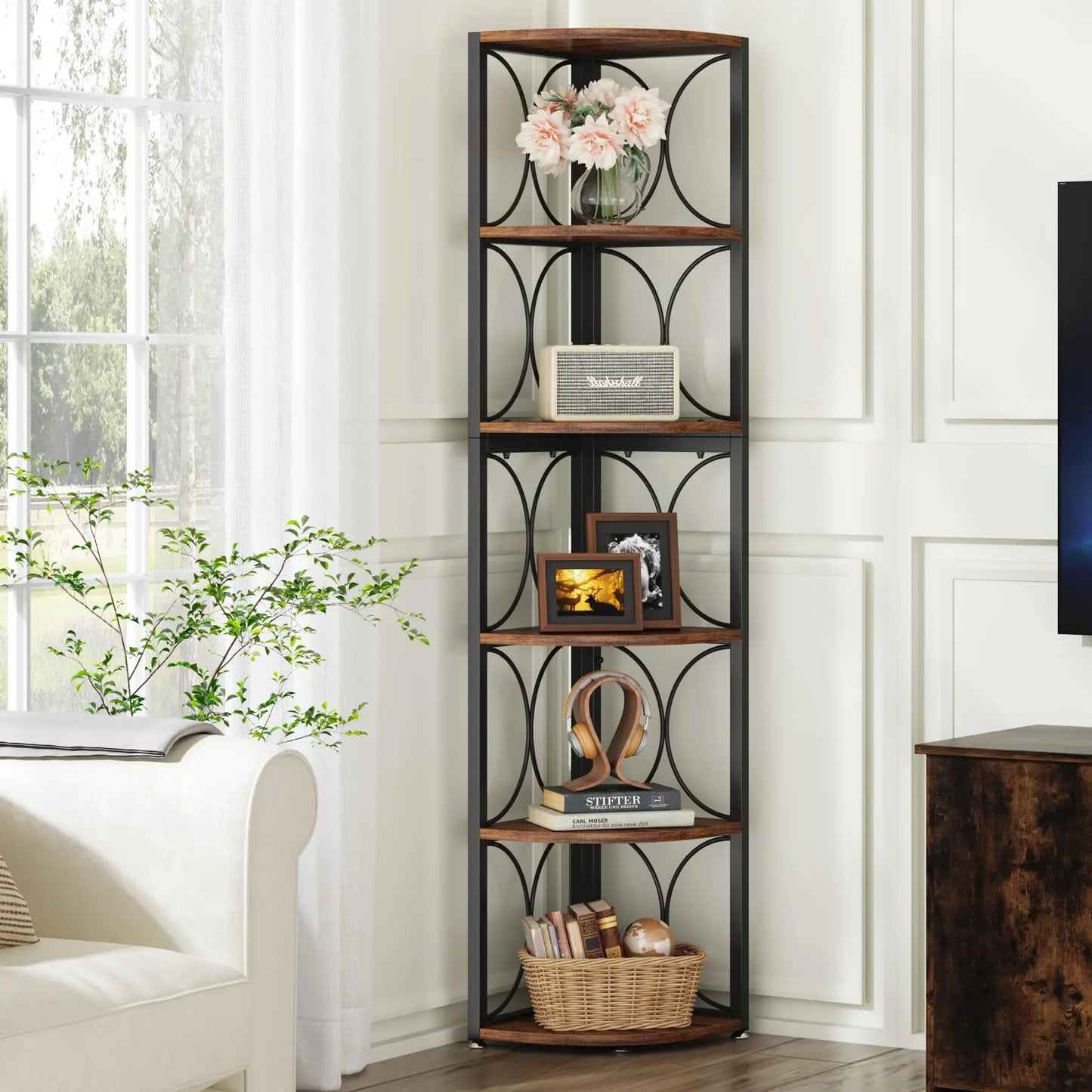 Tribesigns Six Tier Rustic Corner Shelf Bookcase for Small Spaces