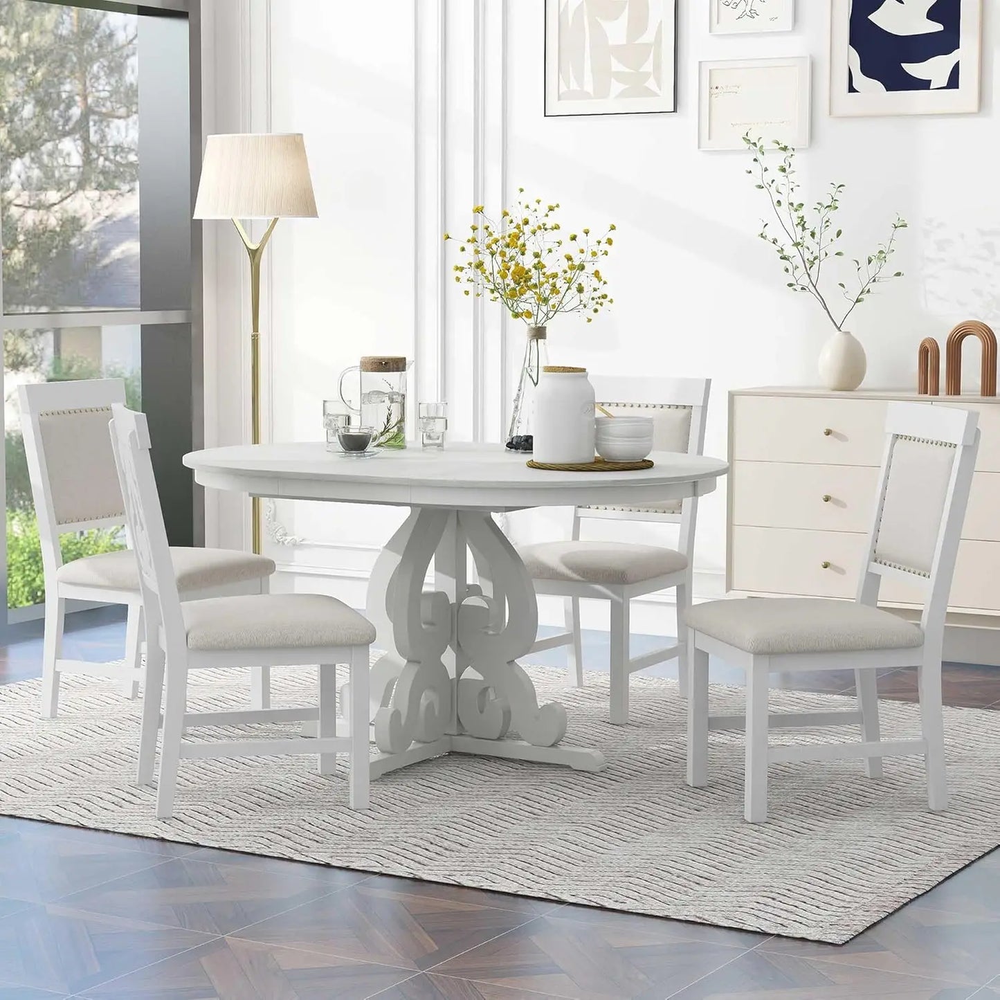 Round Dining Table Set For Four With Extendable Table Chairs