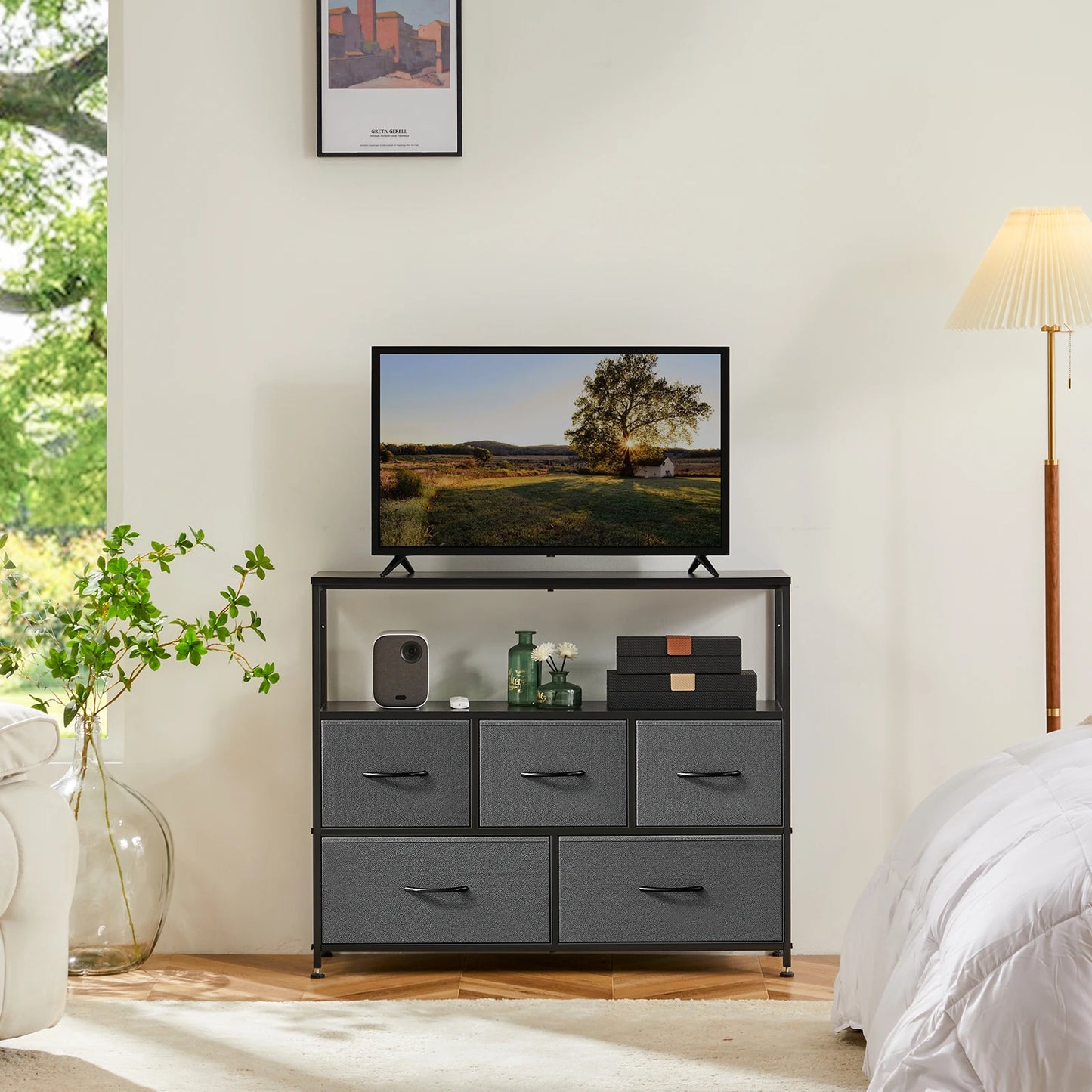 JHK Fireplace TV Stand Dresser With Five Fabric Drawers