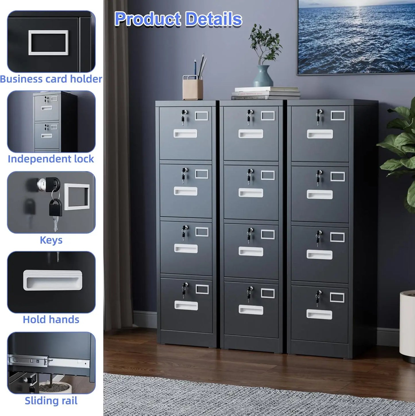 4 Drawer Metal Filing Cabinet With Locks For Home Office Storage