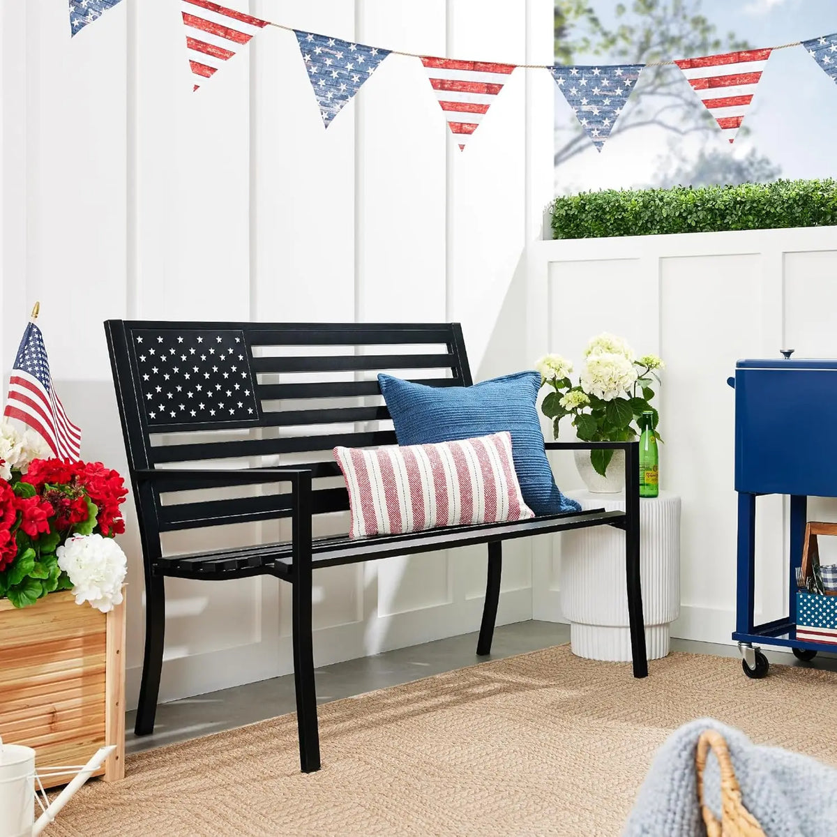 Durable Alloy Steel Outdoor Bench Featuring American Flag Design