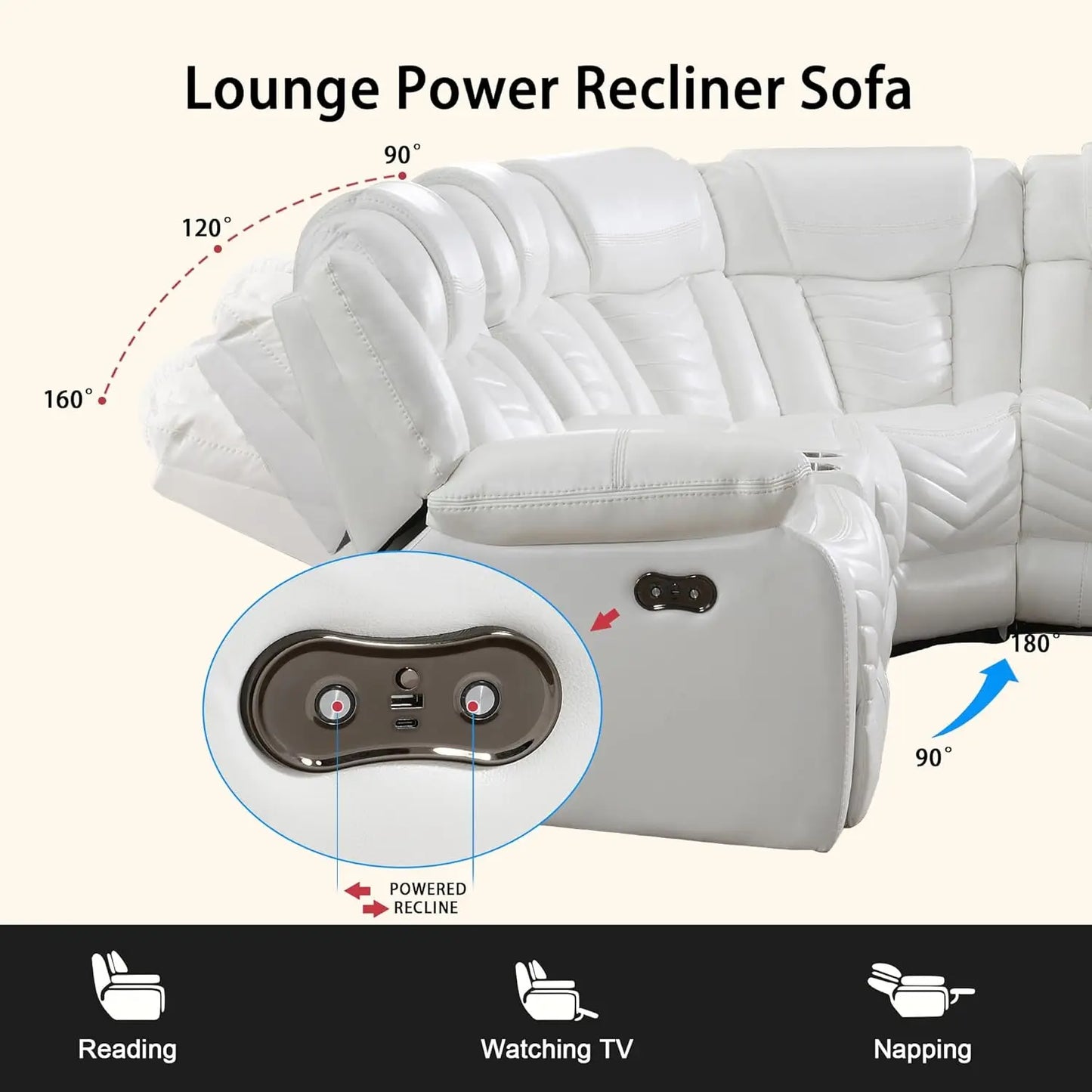 Power Recliner Genuine Leather Corner Sofa LED USB Bluetooth Storage