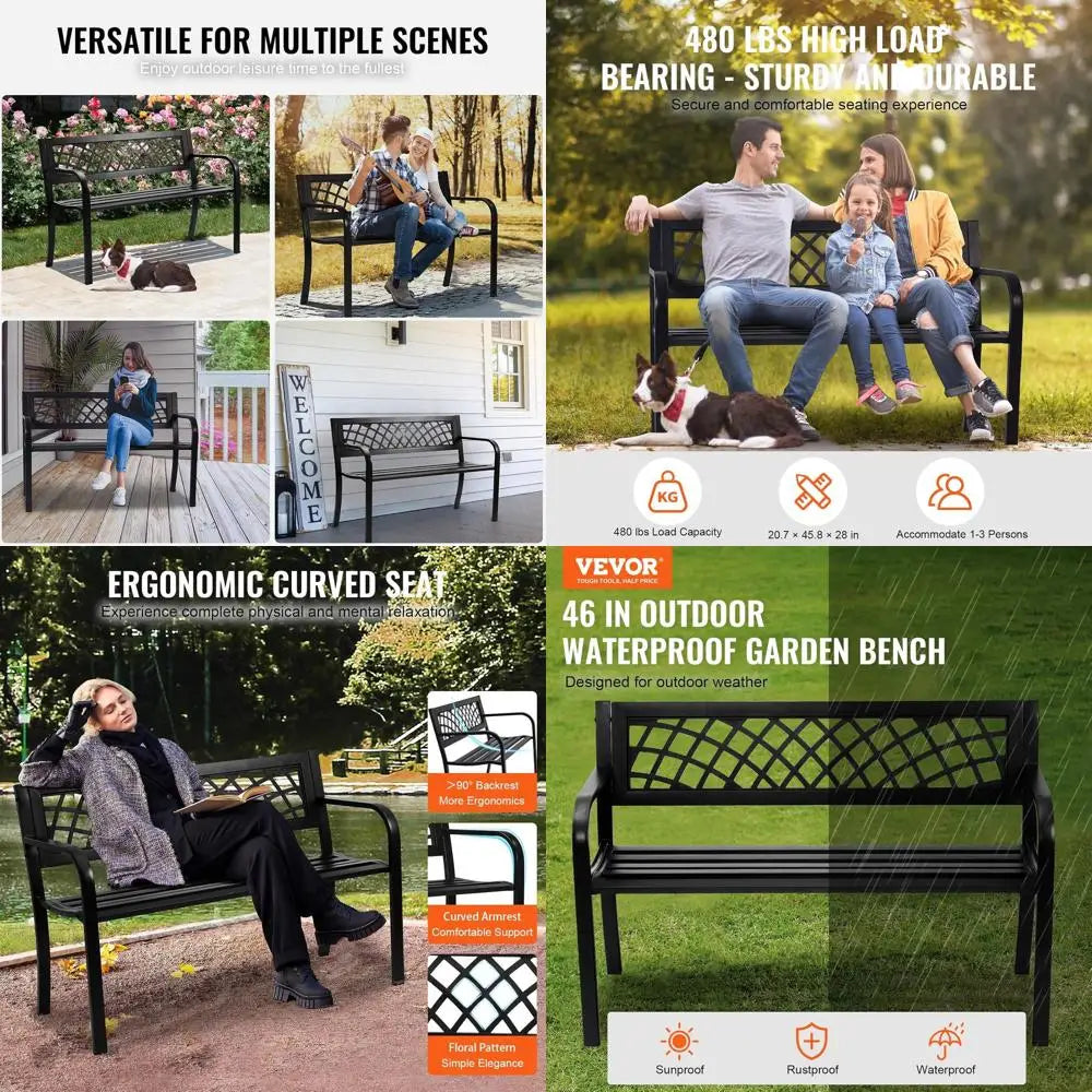 Outdoor Metal Garden Bench With Mesh Backrest And Armrests