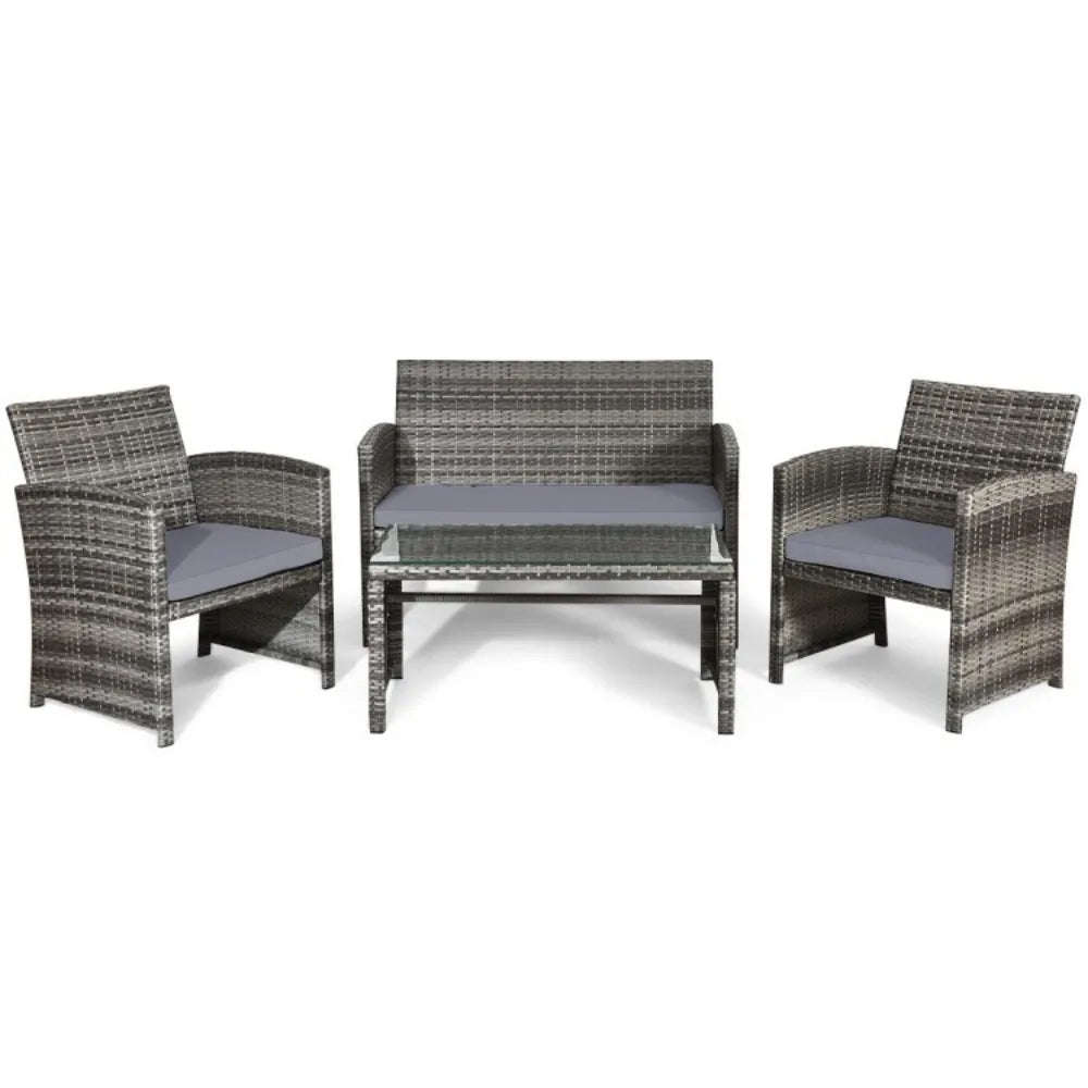 4PCS Patio Outdoor Conversation Furniture Rattan Set w/Glass Table and Loveseat