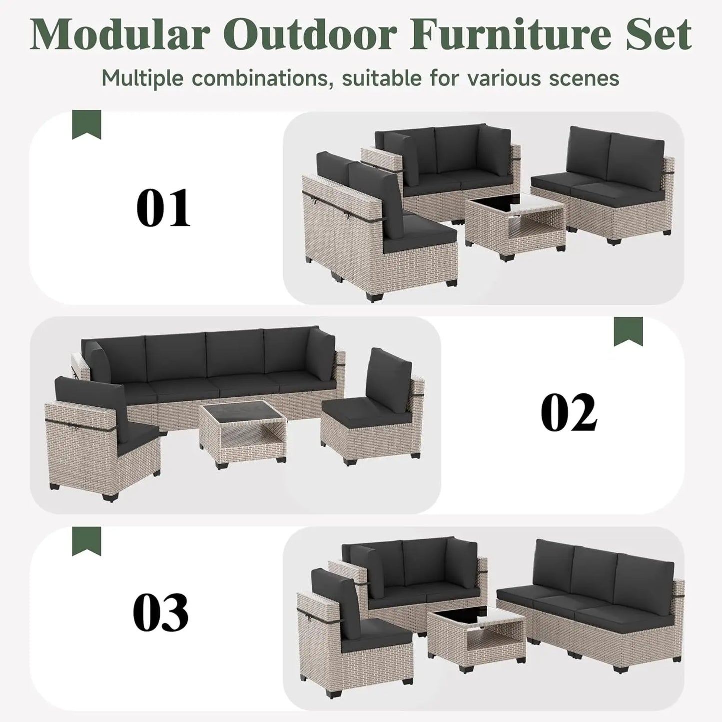 10 Pieces Patio Furniture Set, Outdoor Sectional Wicker Sofa with Thick Cushions and Storage Coffee Table, Rattan, Customized