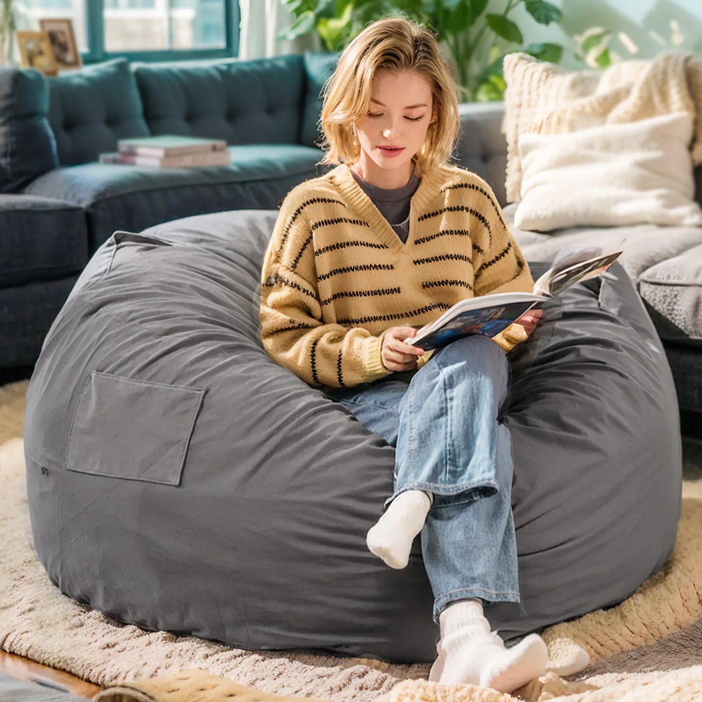 JHK Bean Bag Chair Foam Filled With Removable Cover For Gaming Reading And Home Theater