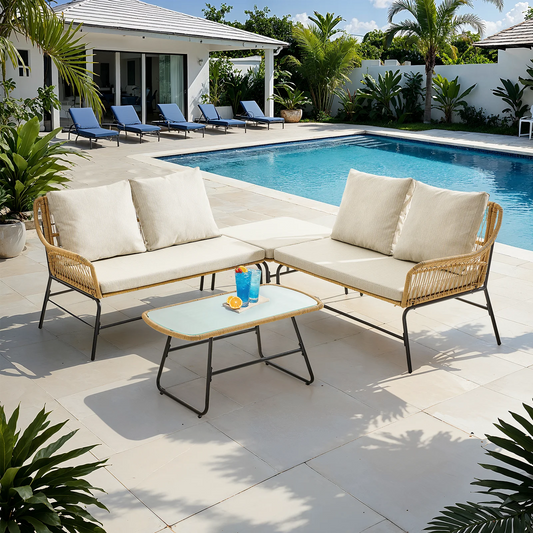 4-Piece Outdoor Sectional Set, Wicker Patio Couch Sets and Glass Coffee Table, L-Shaped Waterproof Olefin Fabric Outdoor Sofa
