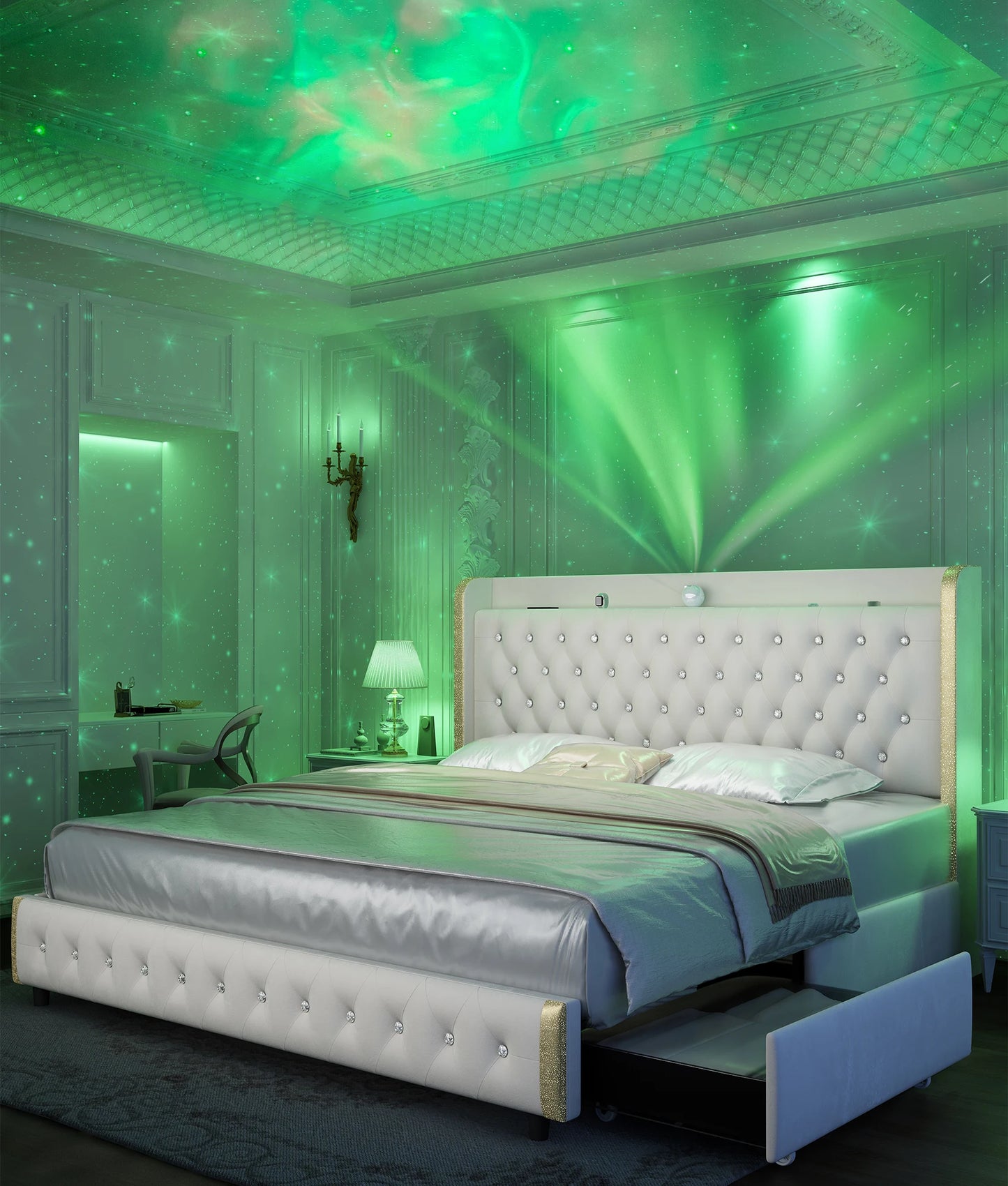 GEGOFORU LED Bed Frame Galaxy Projector Bluetooth USB Ports