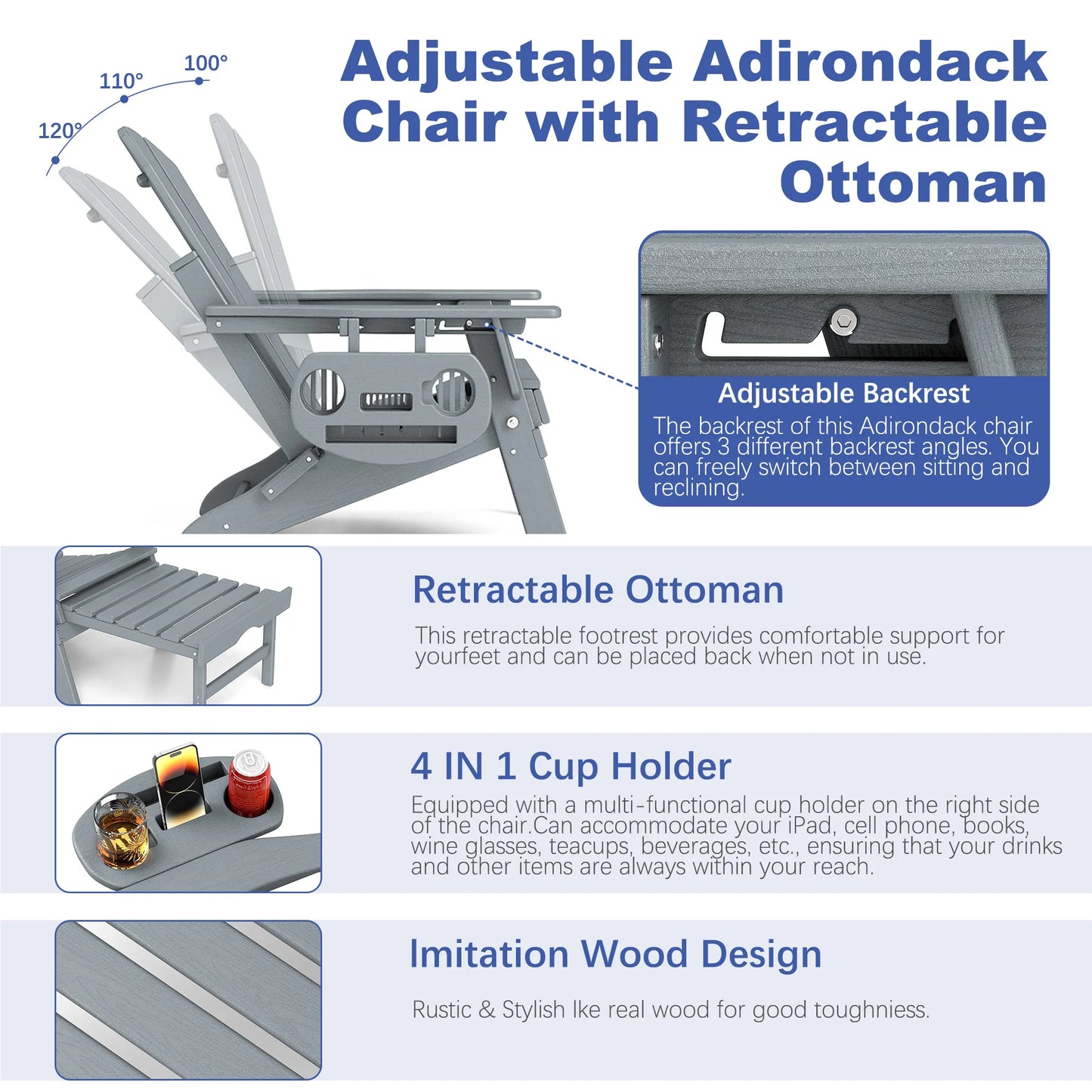 Foowin Adjustable Adirondack Chair With Retractable Ottoman And Side Tray