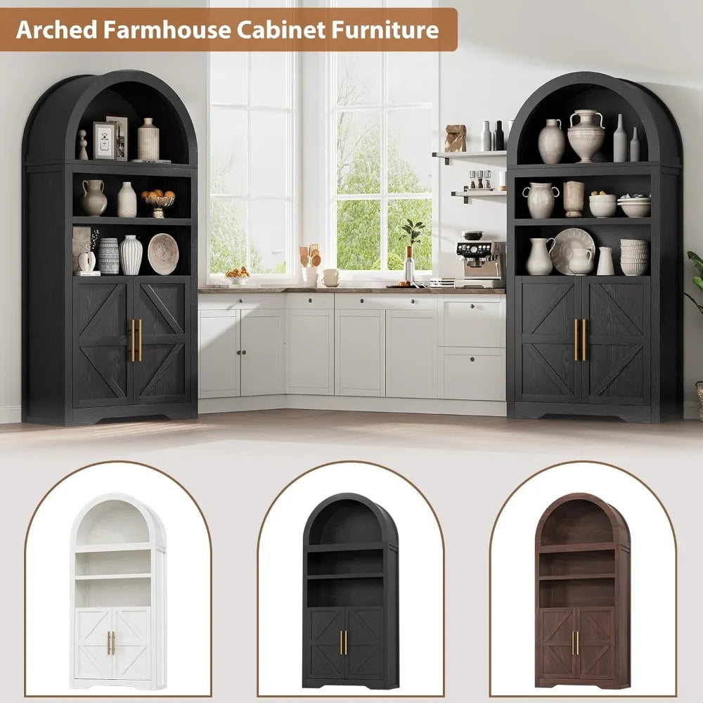 Arched Bookshelf Cabinet With Doors And Shelves For Kitchen Pantry