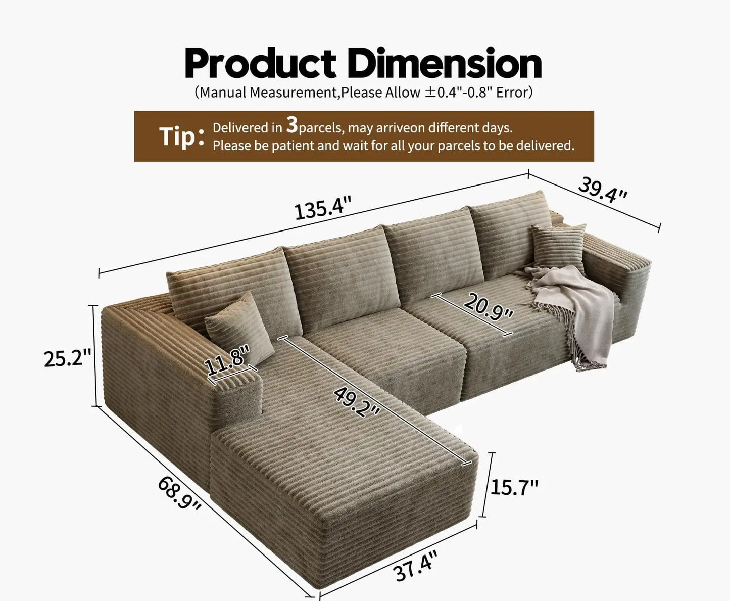 XPLVCN Modular Sectional Sofa With L Shaped Chaise Modern Upholstered