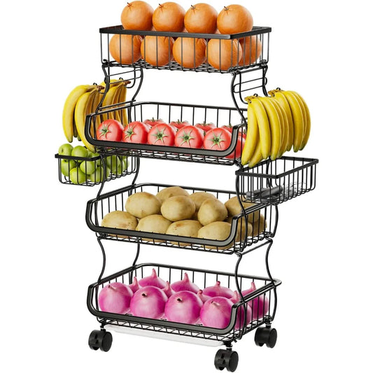 4 Tier Rolling Cart With Wheels And Two Hanging Baskets For Kitchen Storage Metal Wire