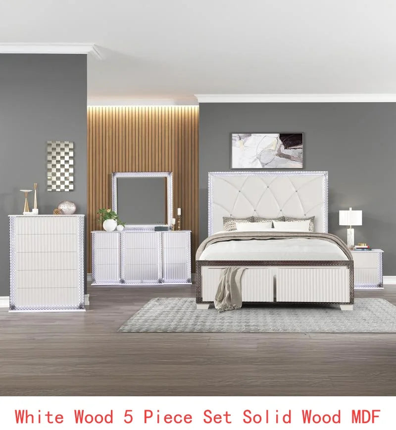 Contemporary 5 Piece Bedroom Set With Diamond Accents LED Lighting