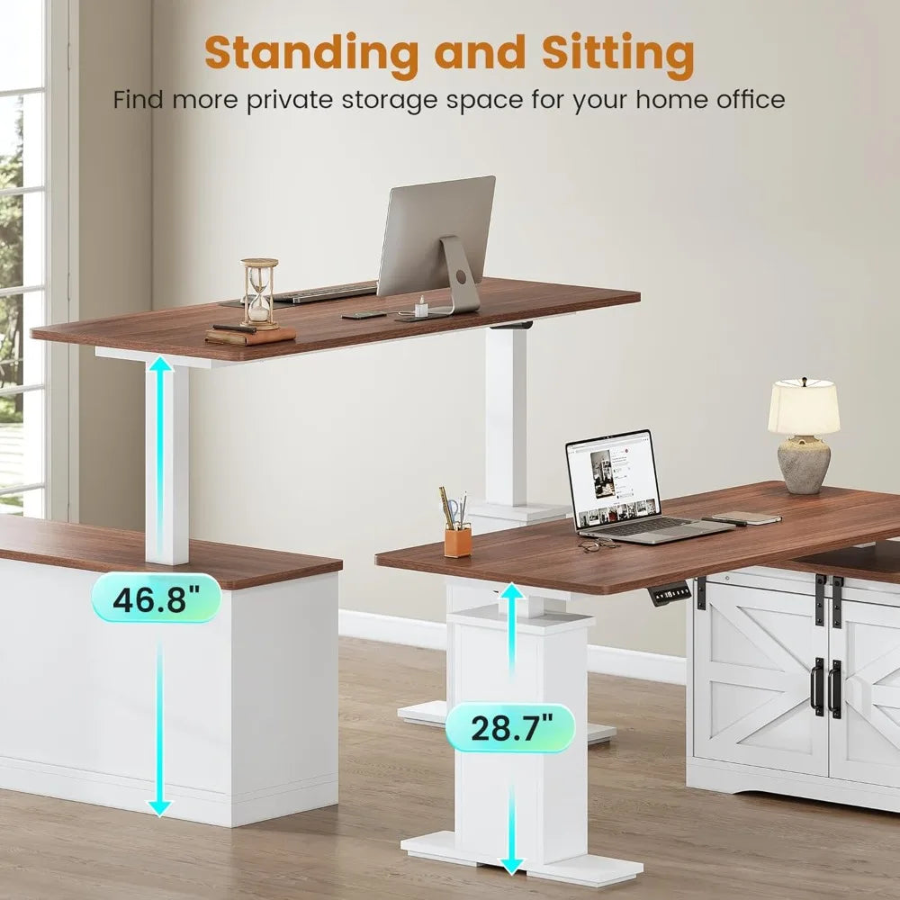 Farmhouse L Shaped Standing Desk With Height Adjustable Corner Desk Storage