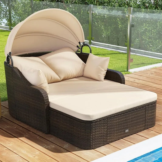 Outdoor Daybed with Retractable Canopy - PE Rattan Double Chaise Lounge , Pillows,Sectional Conversation Set,Patio Furniture Set
