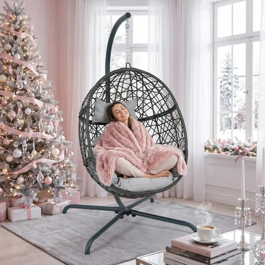 Swing Egg Chair With Stand Bird Cage Patio Hanging Cushion All Weather 350 Lbs