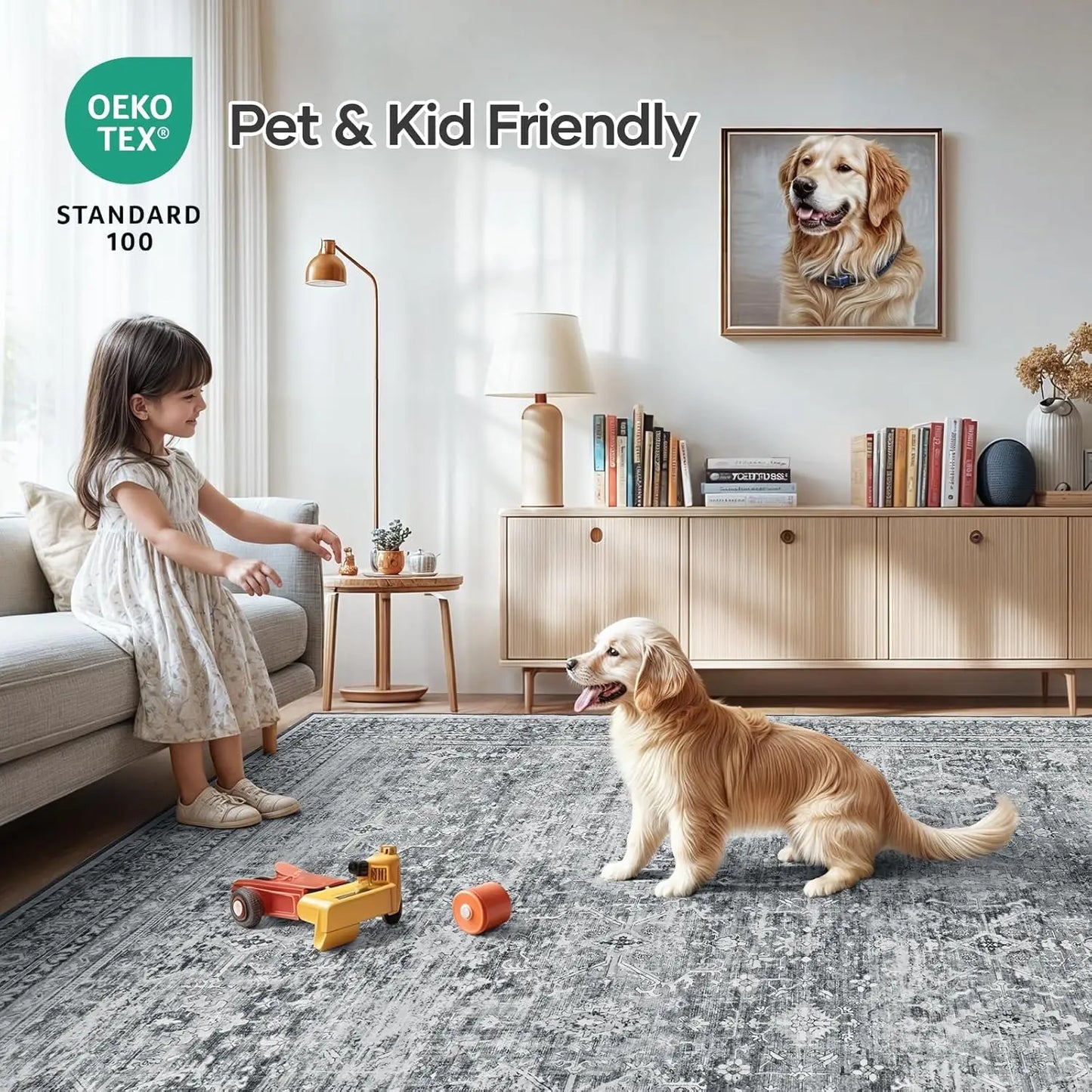 Wool Silk Area Rug With Non Slip Backing And Stripes
