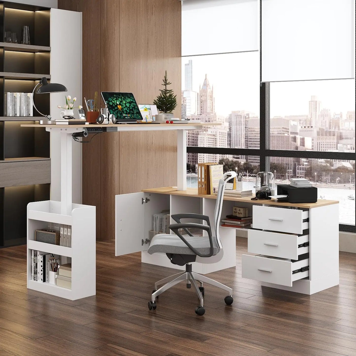 NONEDesk L Shaped Standing Desk With Drawers And Shelves