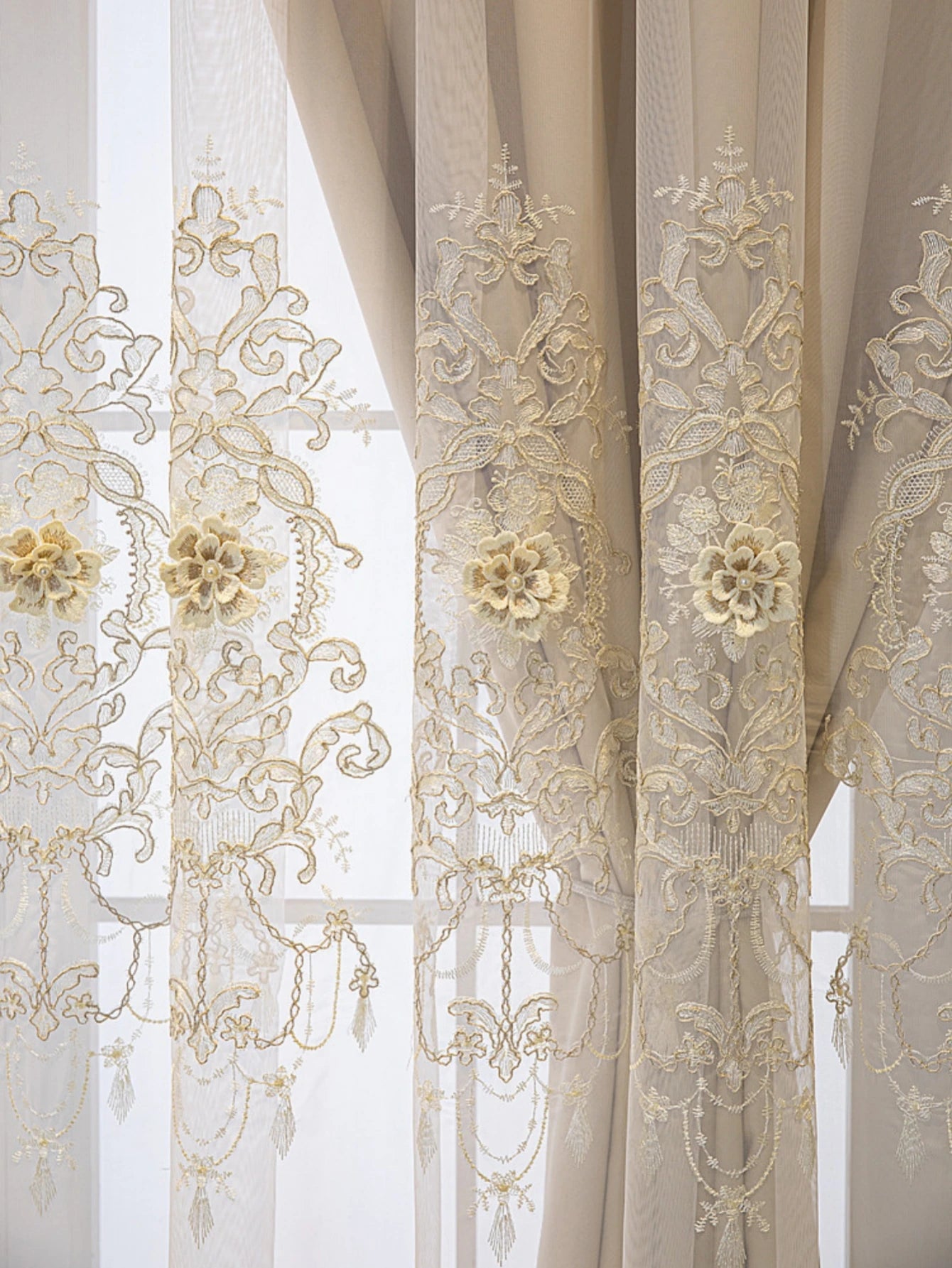 1PC beige Embroidered Blackout curtain UV protection double-layer insulationeasy hanging for living rooms bedrooms office