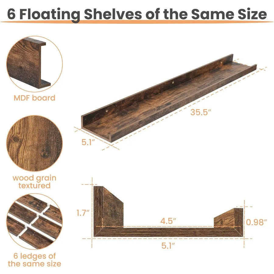 Floating Shelves for Wall 35.5 Inch Shelves for Decor Storage Set of 6 Wall Mounted Wood Shelf for Bedroom Living Room Bathroom