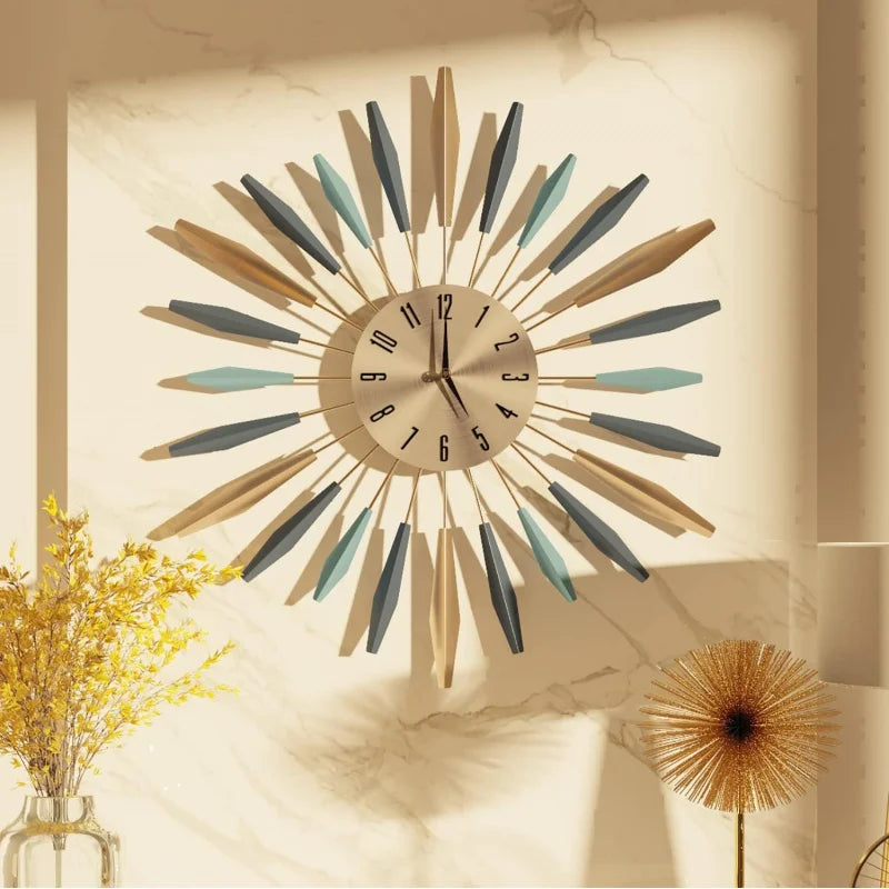 Wall Clock Metal Decorative, Mid Century Silent Non-Ticking Big Clocks, Modern Home Decorations for Living Room