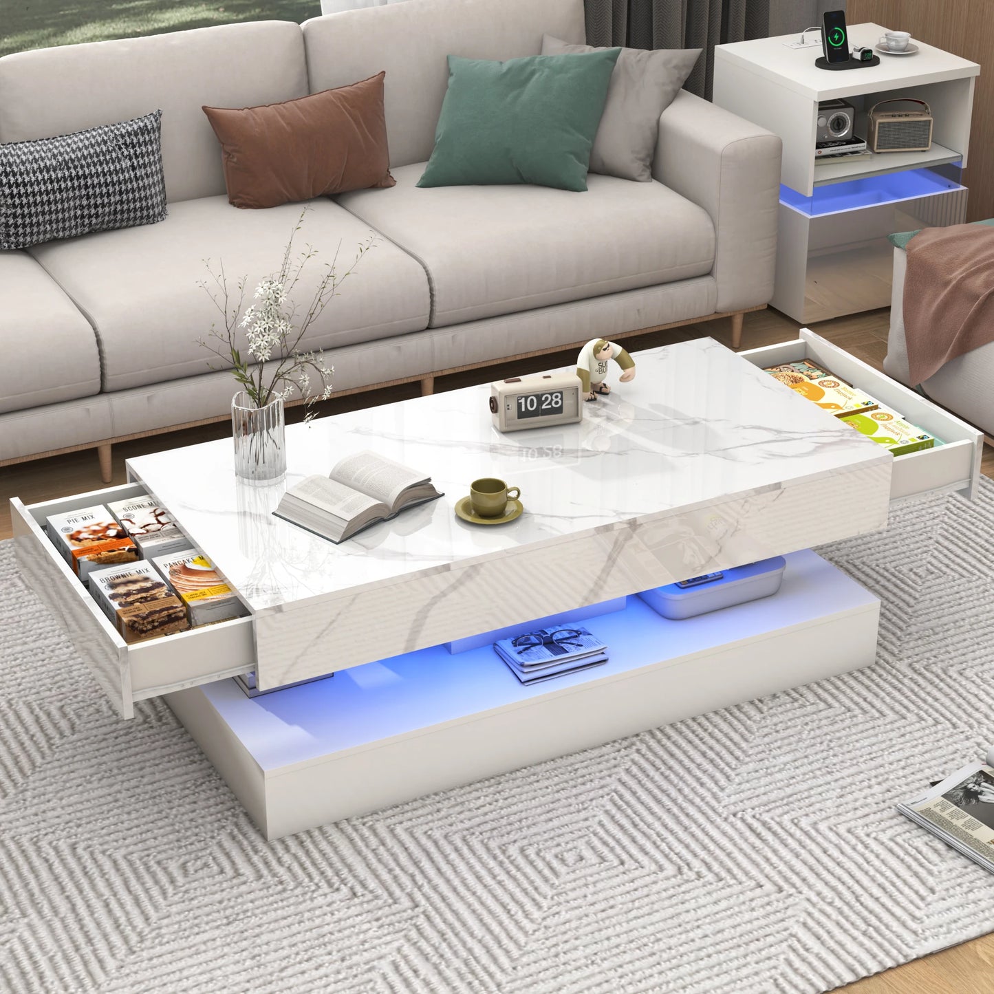QiaoShiRen Modern Coffee Table With LED Lights And Drawers