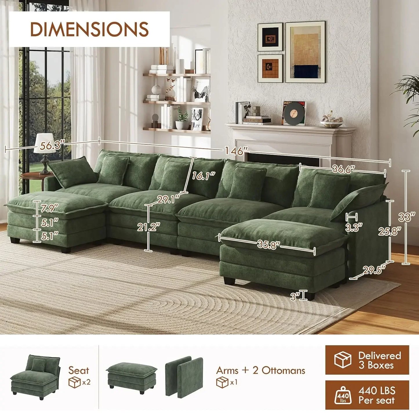 Modular Sectional Sofa U Shaped Chenille Couch Set 4 Seaters