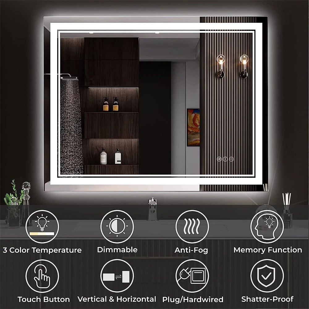 Wisfor LED Bathroom Mirror With Front Backlit Dimmable Vanity Wall Mirror HD Anti-fog