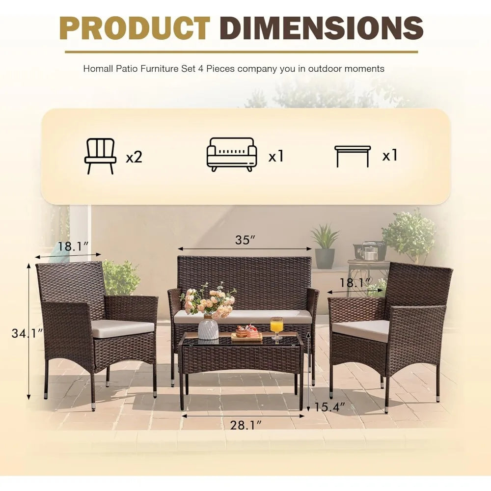 4 Piece Outdoor Patio Furniture Set Rattan Wicker Chairs