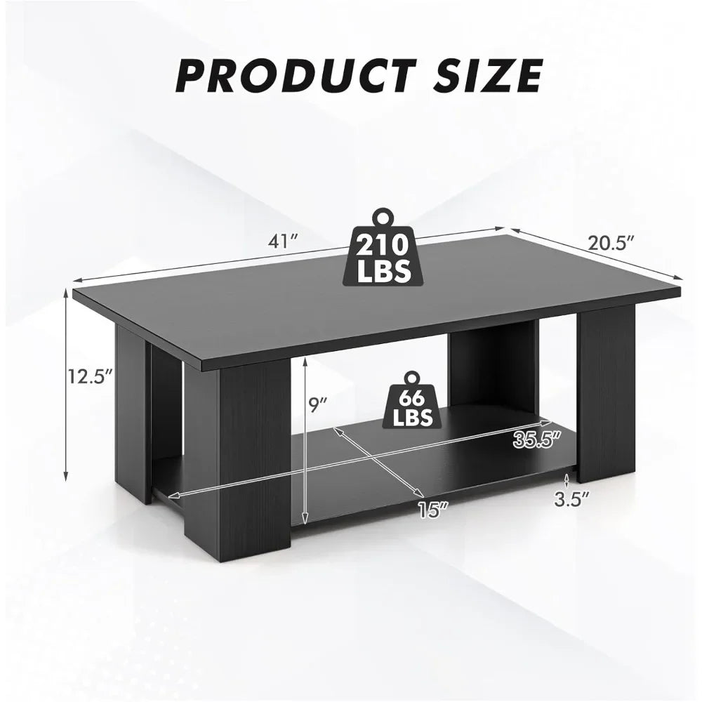 Two Tier Coffee Table Modern Rectangular Center Wooden Cocktail Table