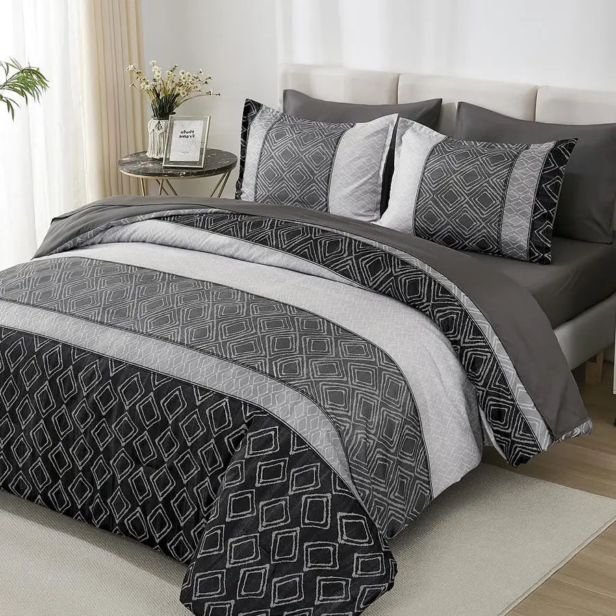 Queen Comforter Set Dark Gray Boho,Soft 7 Piece Bed in a Bag Queen Size Black Bedding Sets Striped Comforters with Plaid Bed Set