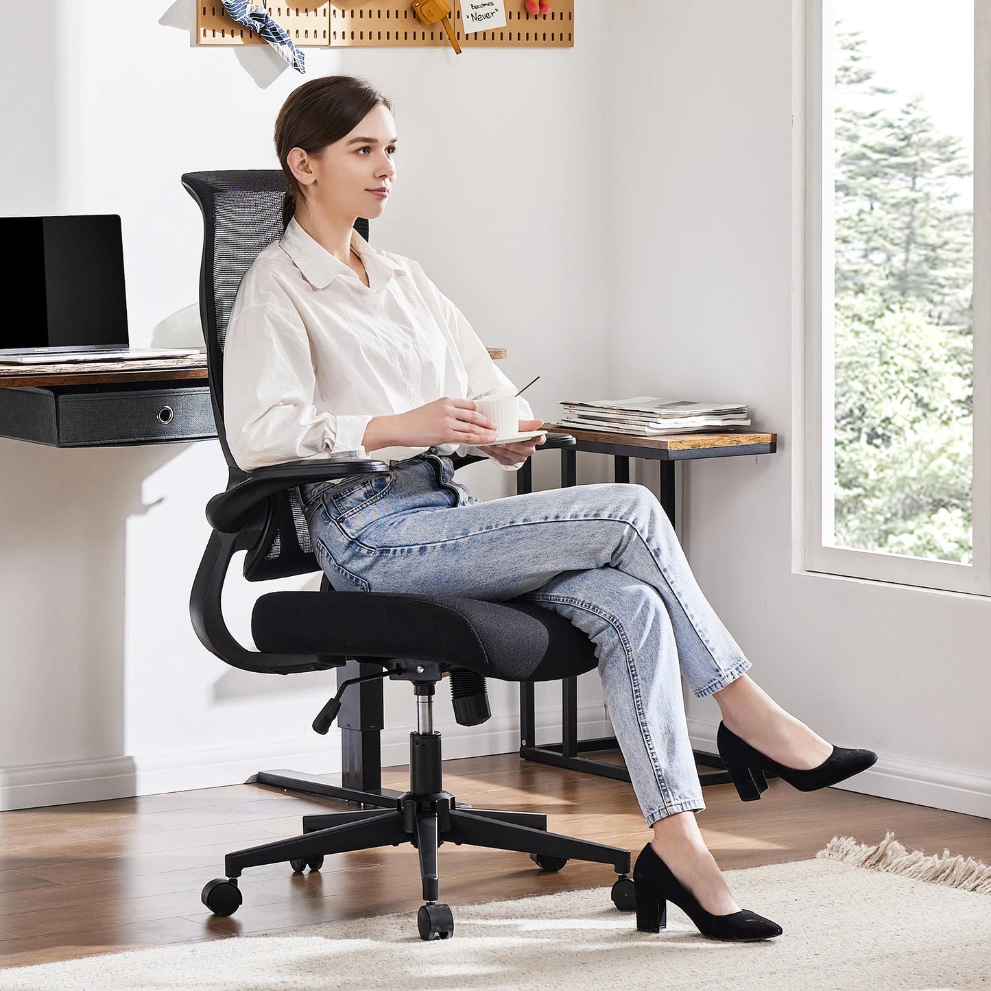 JHK Mesh Lumbar Ergonomic Office Chair With Flip Up Arms And Adjustable Seat Height