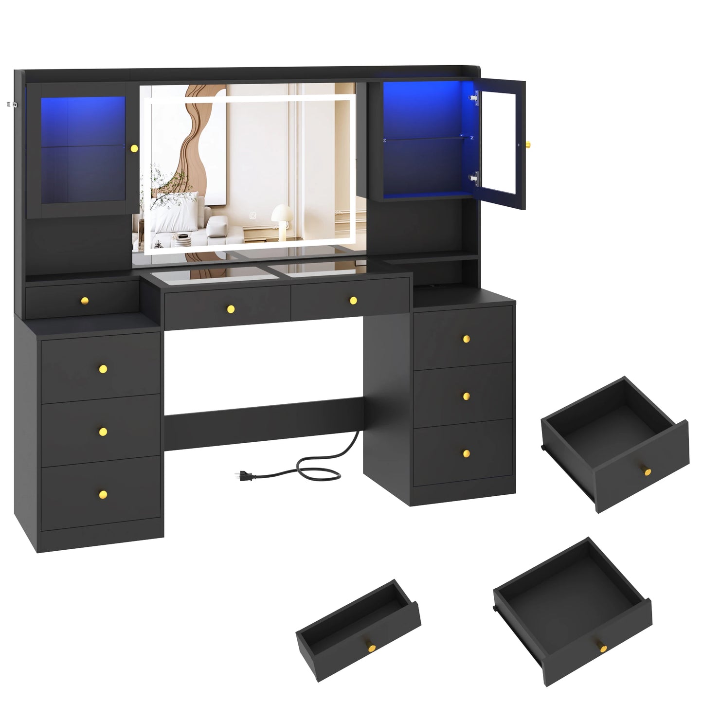 QiaoShiRen Vanity Desk With Mirror Lights And Charging Station
