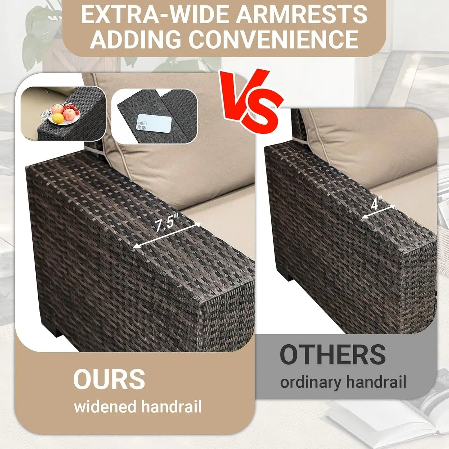 6-Piece Patio Furniture Set, All-Weather Outdoor Wicker Sectional Sofa with Cushions, Glass Table & Left and Right, Customized