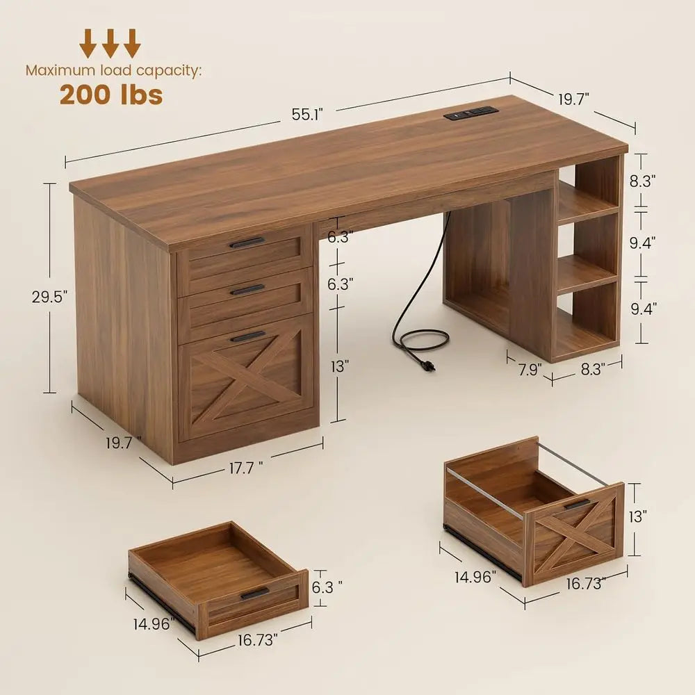 Farmhouse Office Desk With 3 Drawers And Power Outlet