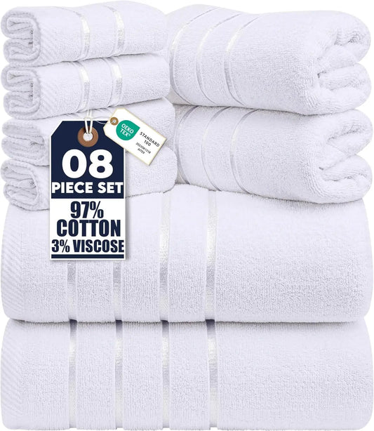 8-Piece Luxury Towel Set with 600 GSM Ring Spun Cotton, Highly Absorbent Viscose Stripe, Ideal for Everyday Use in White