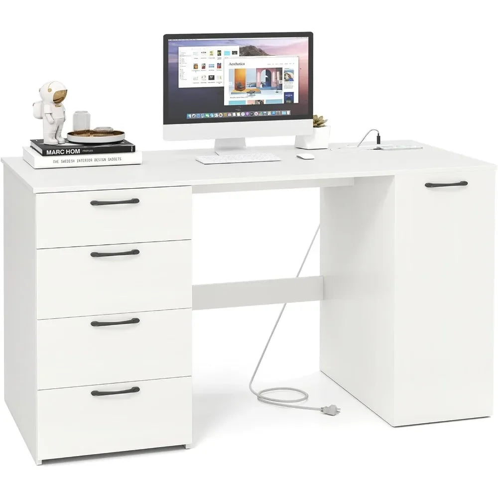 L Shaped Computer Desk With USB Outlet And Built In Storage Drawers For Home Office
