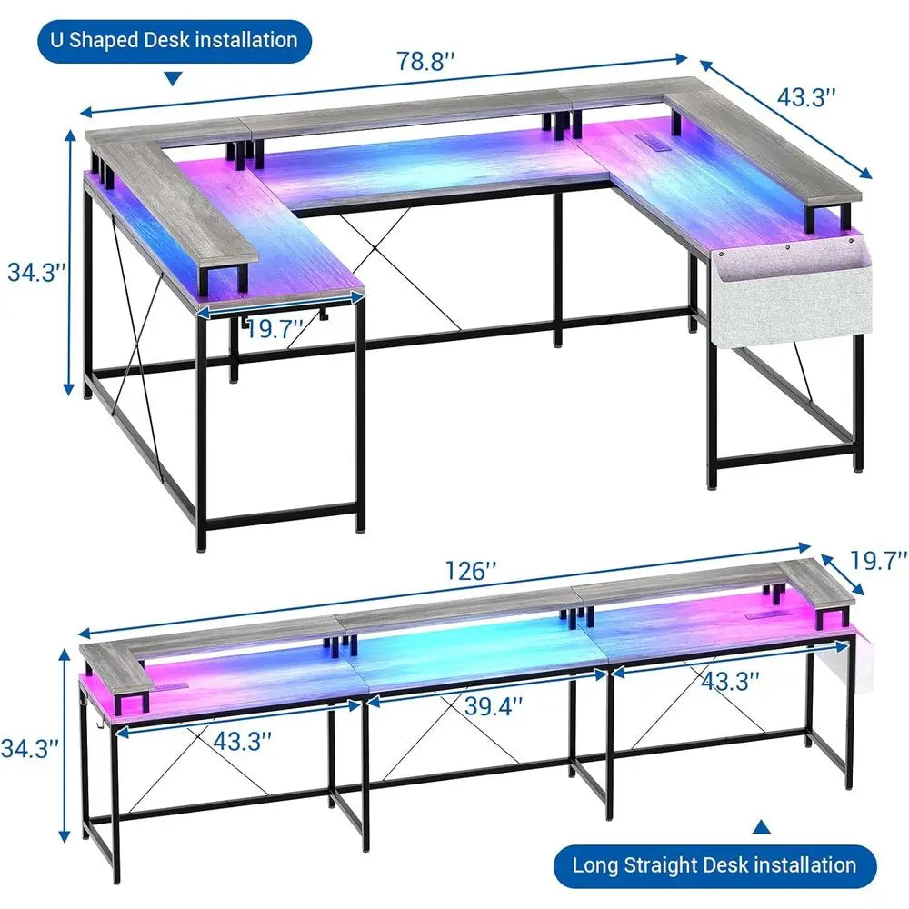 L-Shaped Gaming Desk With Power Outlets LED Lights Reversible Design