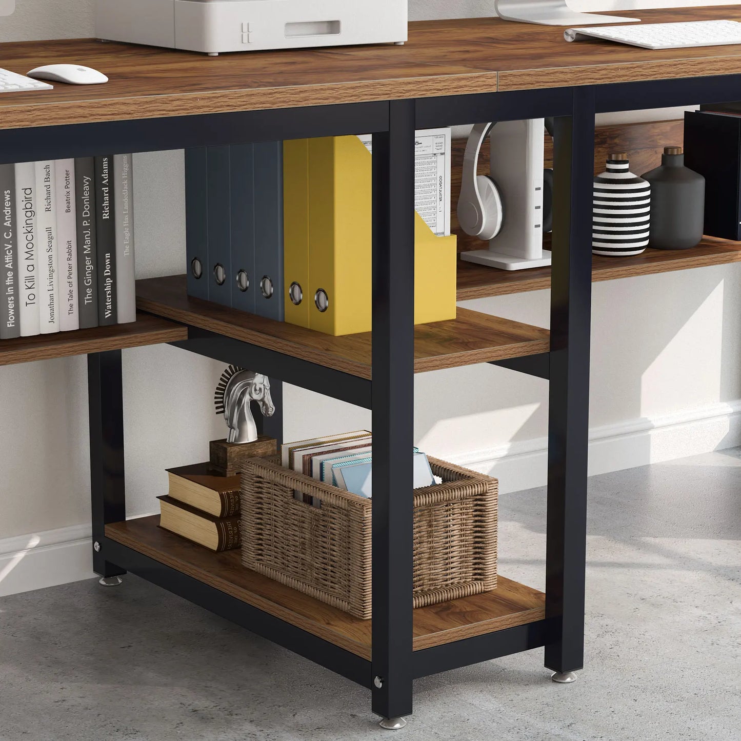 Tribesigns Two Person Desk With Bookshelf For Home Office Rustic