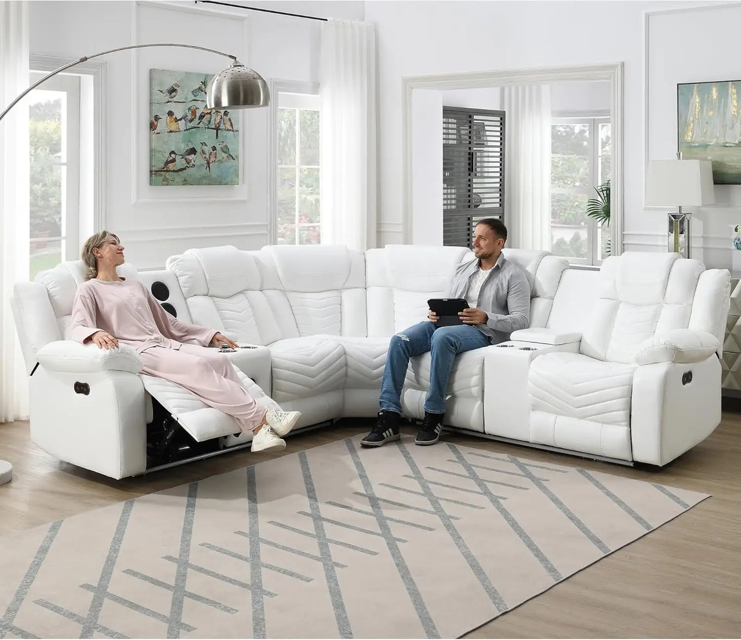 Power Recliner Genuine Leather Corner Sofa LED USB Bluetooth Storage