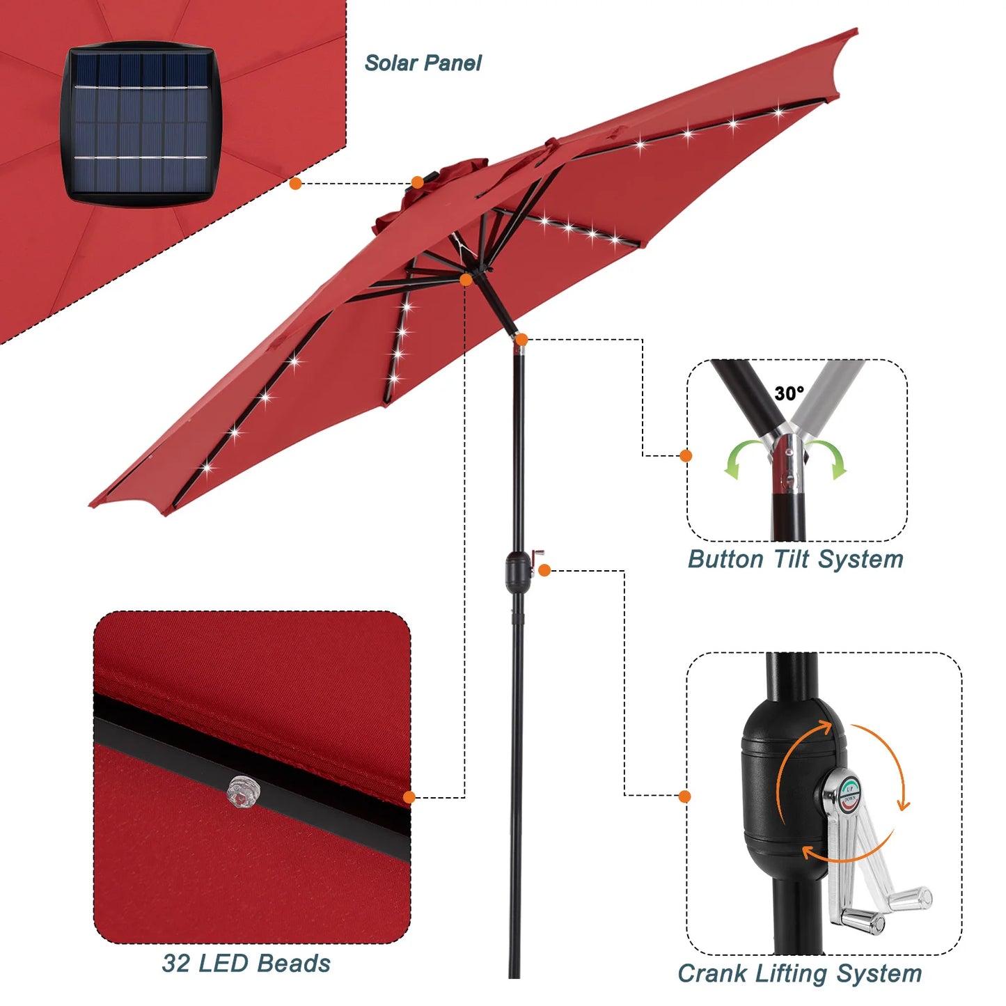 JHK Solar Patio Umbrella With LED Lights Tilt Crank