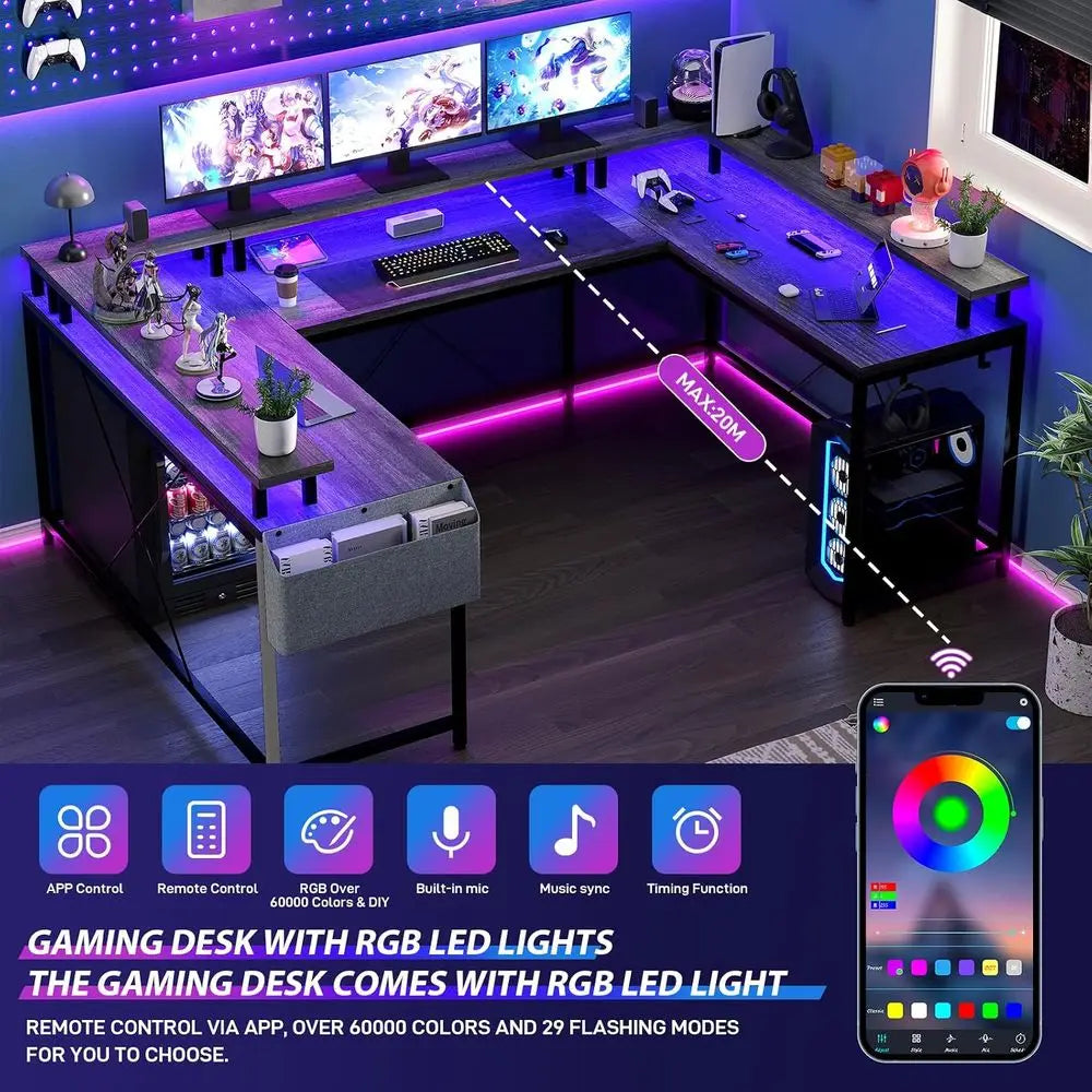 L-Shaped Gaming Desk With Power Outlets LED Lights Reversible Design