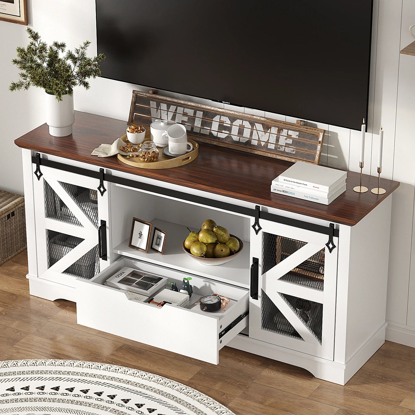 VOWNER Modern TV Stand With 1 Drawer And 2 Cabinets