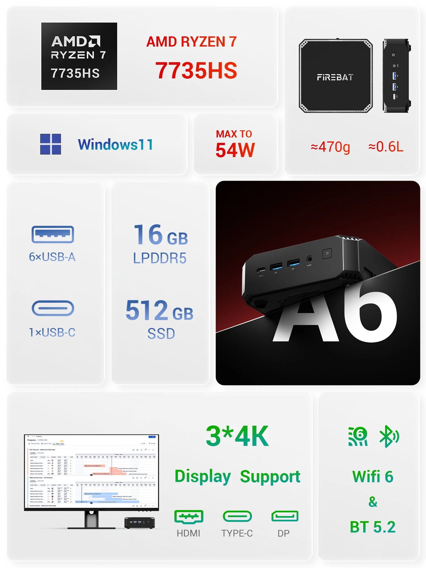 Firebat A6 Personal Computer AMD R7 7735HS 16GB 512GB SSD