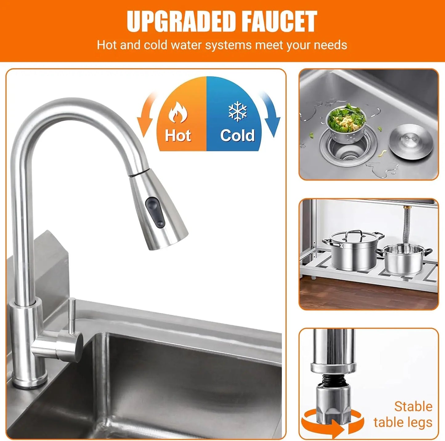Stainless Steel Kitchen Utility Sink 20" x 20" x 34" Freestanding Single Bowl Sink with Cold and Hot Water Pipe,for Laundry Room