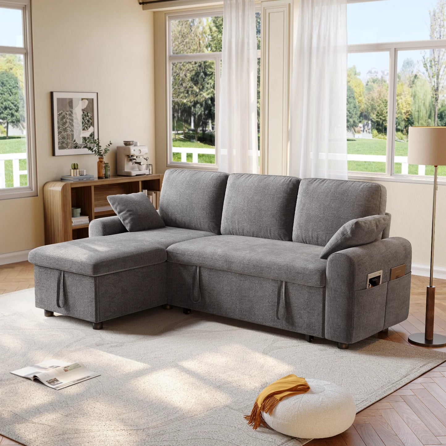 ONBRILLCN L Shaped Sleeper Sofa With Storage Chaise Built In Sleep Surface And Plush Comfort